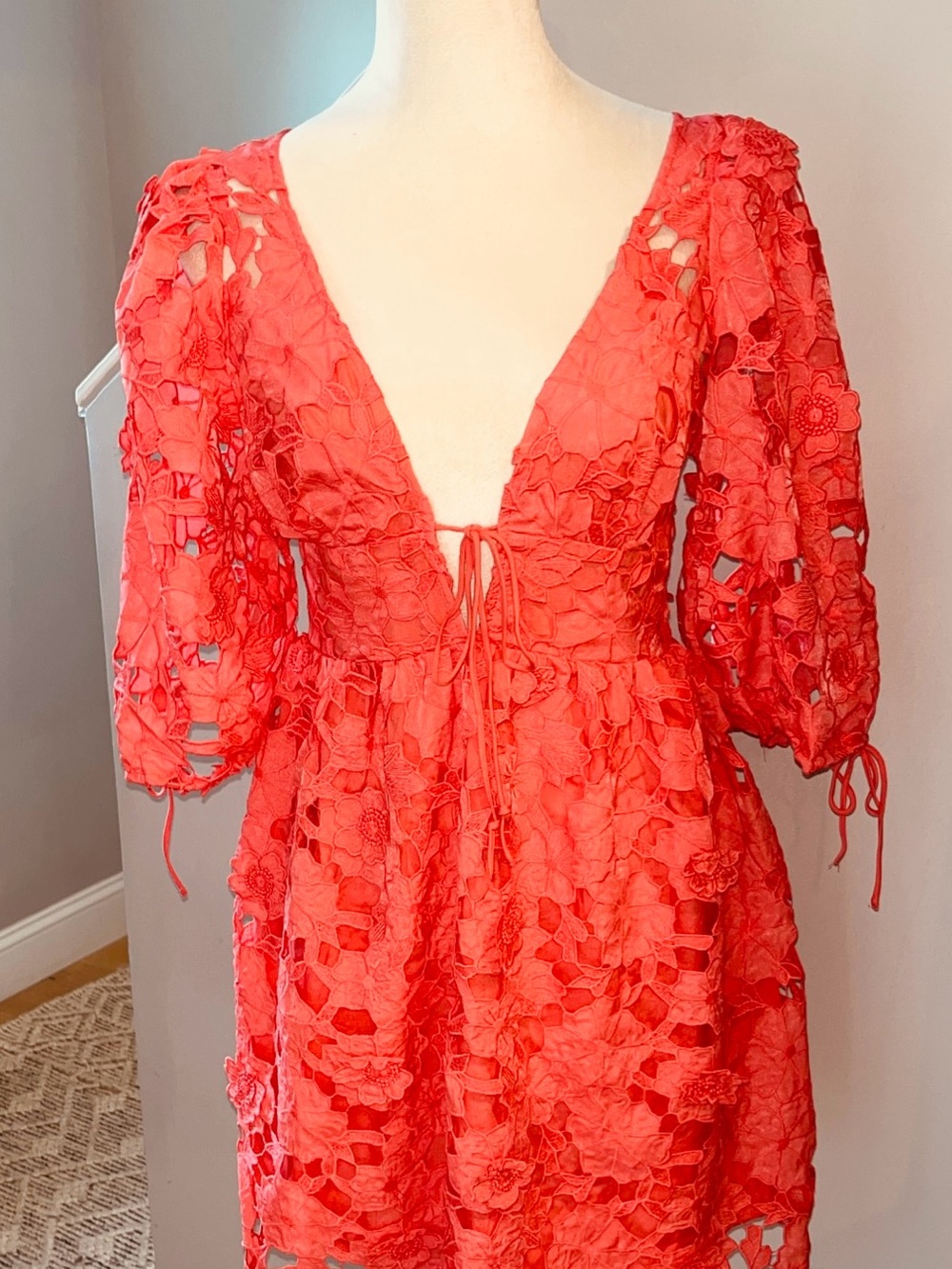 NWOT VICI  COLLE TION Dress PAULETTE Mimi Floral Crochet Laser Lace Plunge Neck